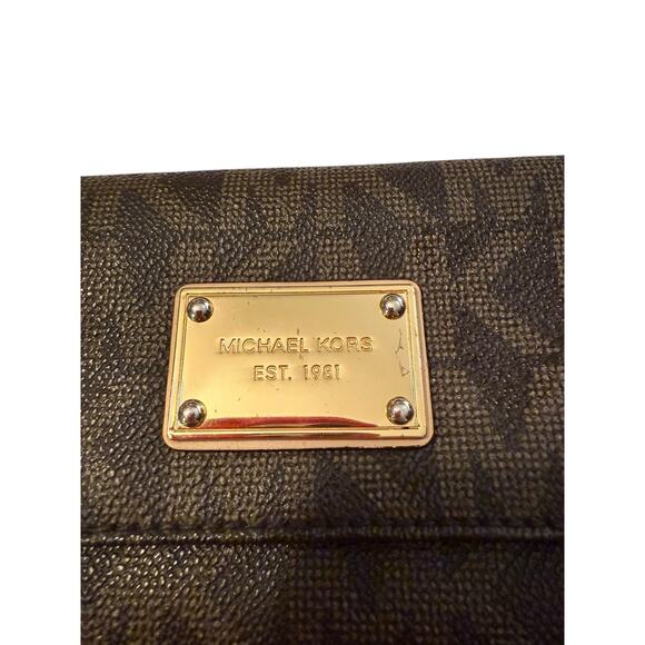 Michael Kors Jet Set Travel Continental Wallet Brown Signature PVC Gold Logo - Picture 2 of 7